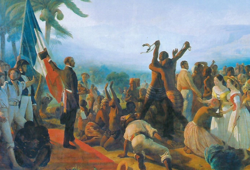 La République abolit l'esclavage, peinture de Biard, 1849 ; Manuel scolaire Belin 2016, p. 98